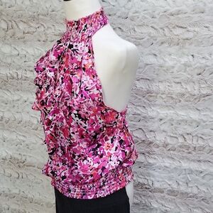 Myth Nyc Pink Floral Ruffle Halter Top | Smocked Neck & - Hem | Womens Sz L